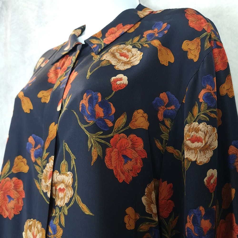Vintage Floral Silk Blouse Womens 12 Navy Button Up Long Sleeve Dark Romantic